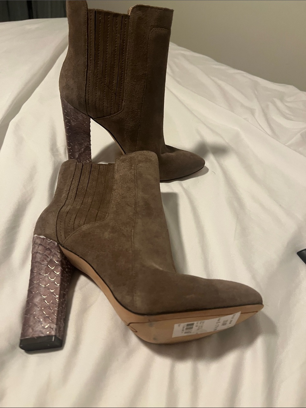 Joan & David Women’s Suede Ankle Bootie in Brown with Textured Heel